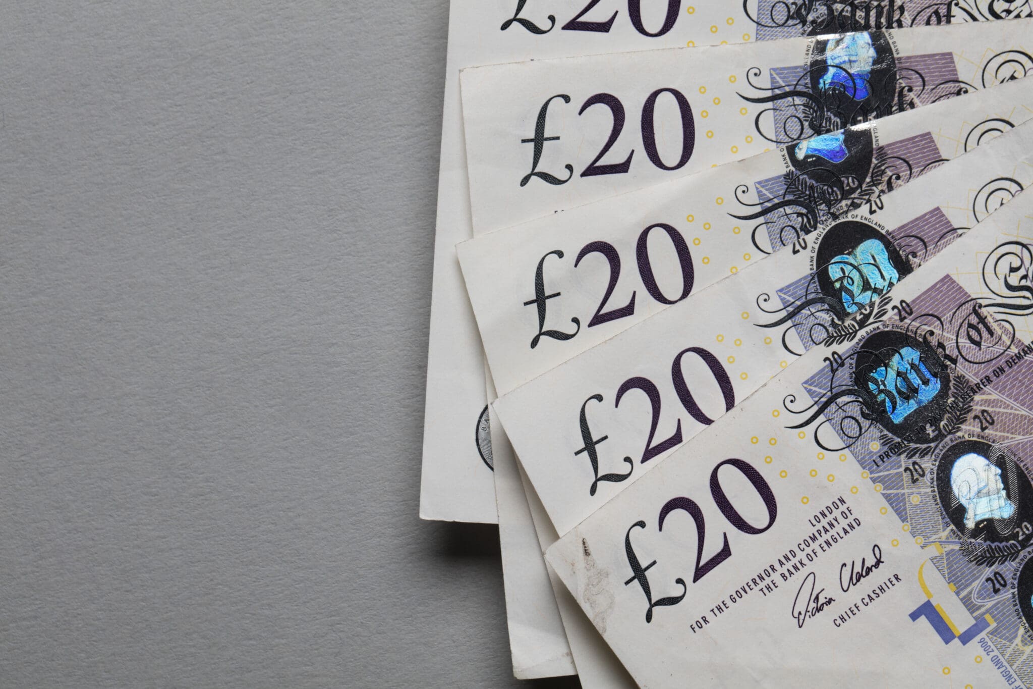 A collection of british sterling twenty pound notes