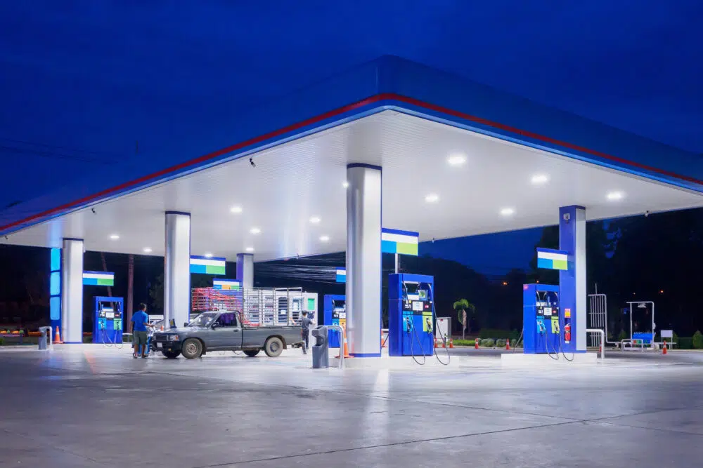 a fuel station at night