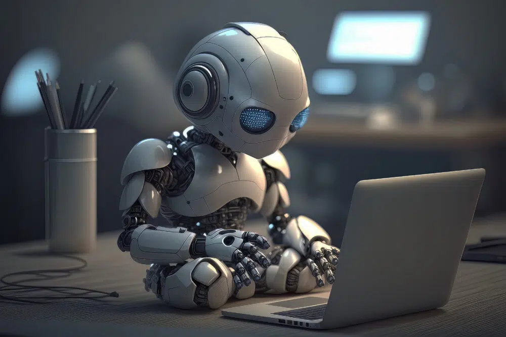 Robot answering questions on a laptop.