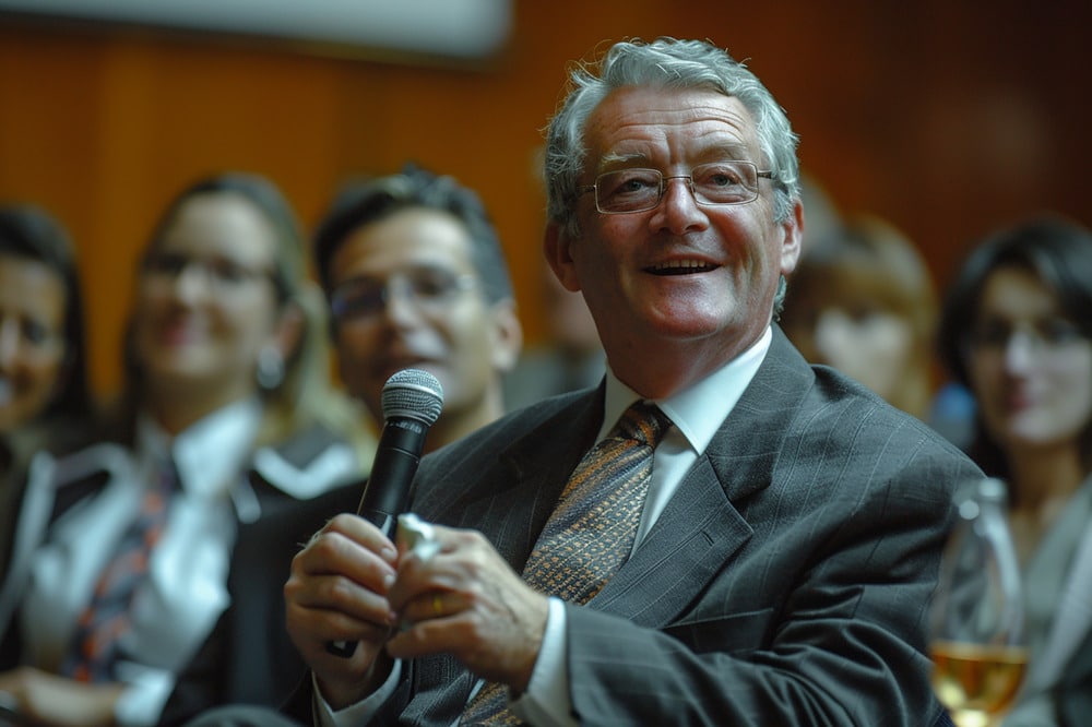 a chancellor holidng a microphone