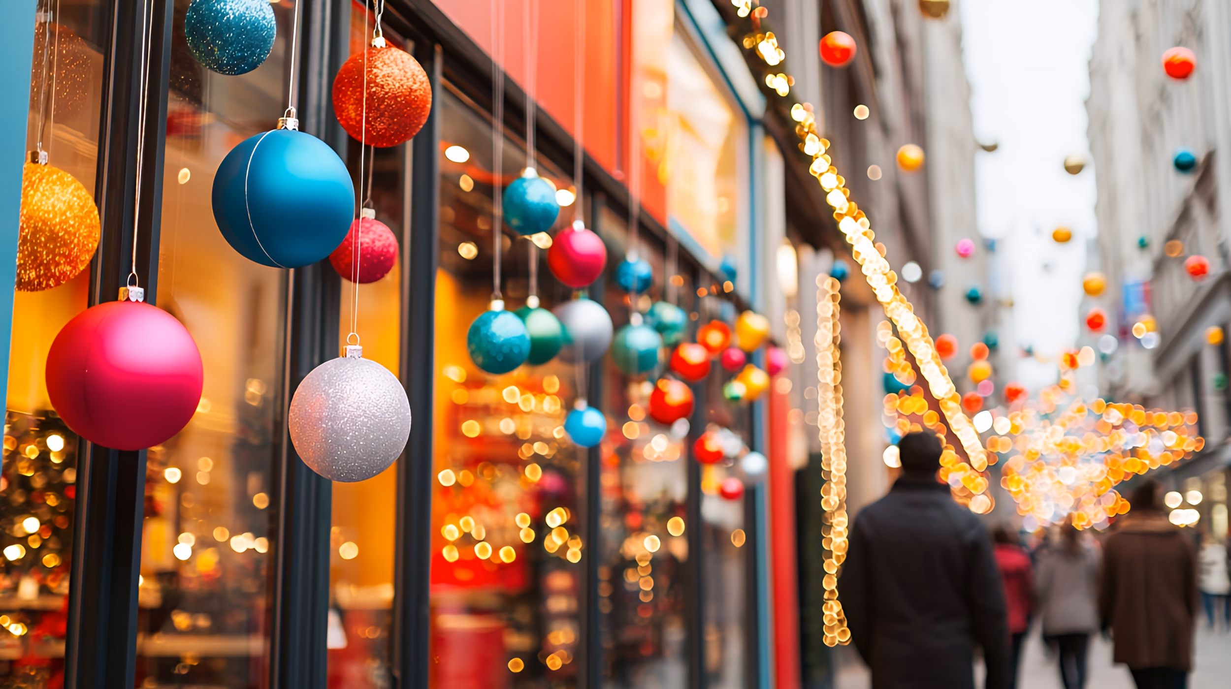Colourful Christmas baubles and festive lights decorating shop windows on a high street during the festive shopping season