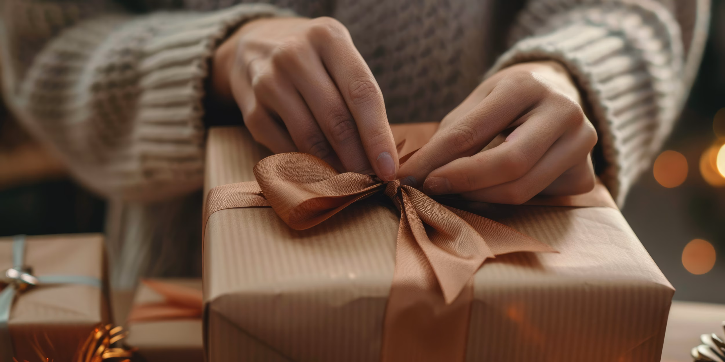 Close Up Of Elderly Hands Wrapping A Gift With A Ribbon, Capturing The Essence Of Thoughtful Gifting.
