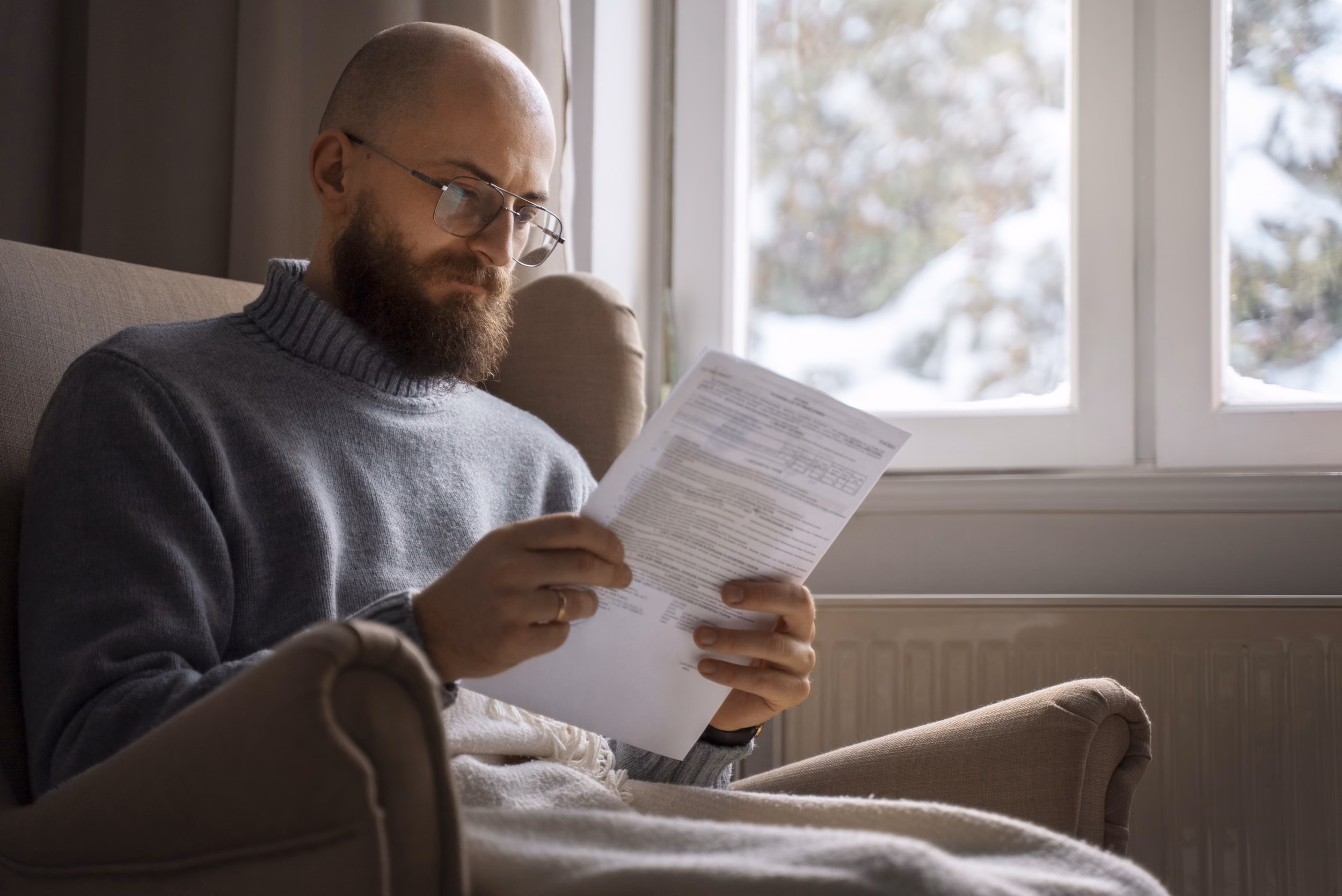Man reading a penalty letter at home
